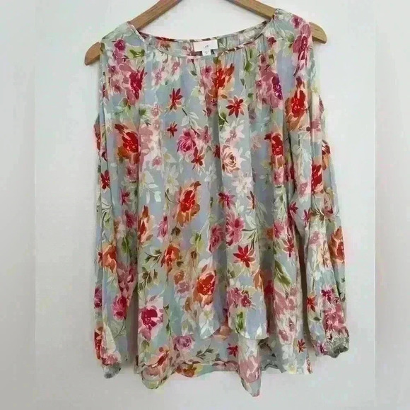 J. Jill Blouse Medium Floral Tunic Long Slit Sleeve Round Neck Rayon Lightweight - Picture 4 of 8